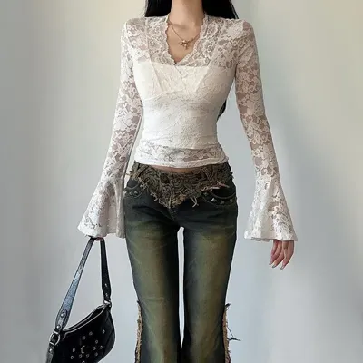 White Lace V-Neck Bell Sleeve Top - NEWME