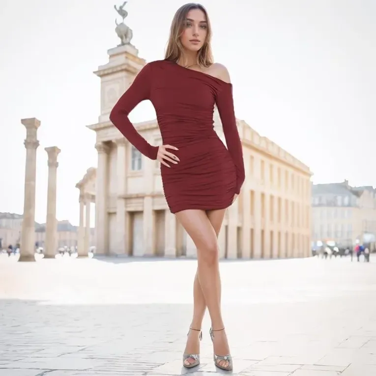 Maroon Ruched Asymmetric Neck Mini Dress - Image 1