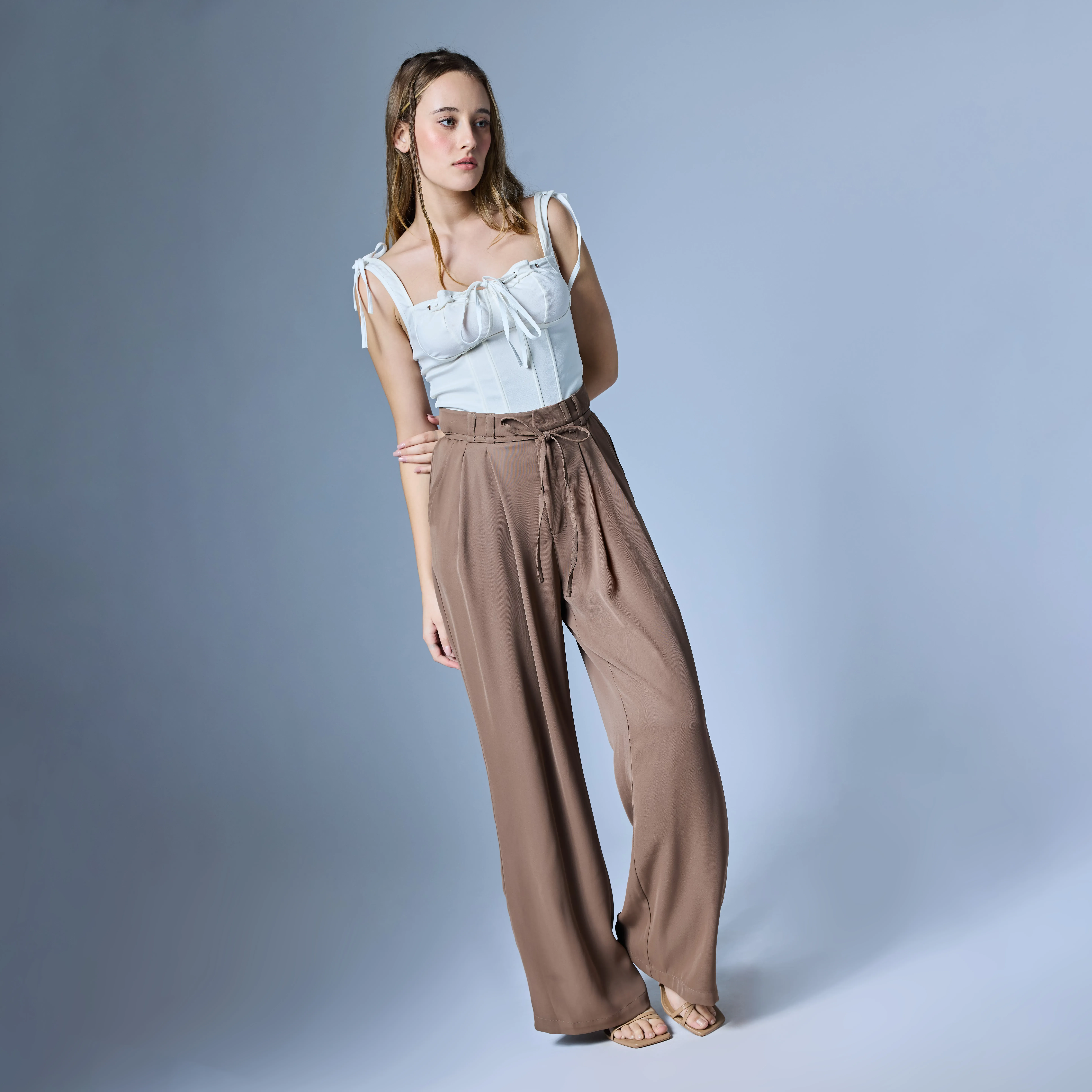Beige Solid Fared Parallel Trouser - NEWME