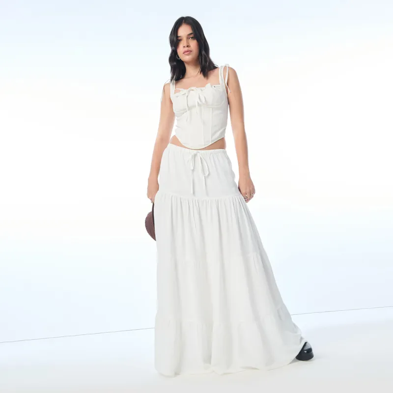 White Solid Tiered Maxi Skirt - NEWME