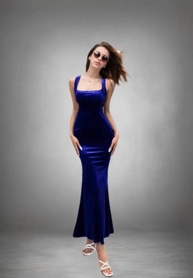 Back Criss Cross Velour Maxi Dress - Image 1