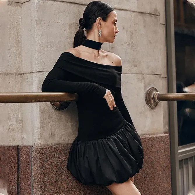 off shoulder bubble hem dress Jessamy Off-Shoulder Layered Bubble Hem Corset Mini Dress in Black