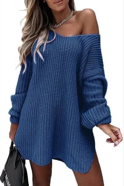 Blue Solid Knitted V-Neck Oversized Sweater - Image 1