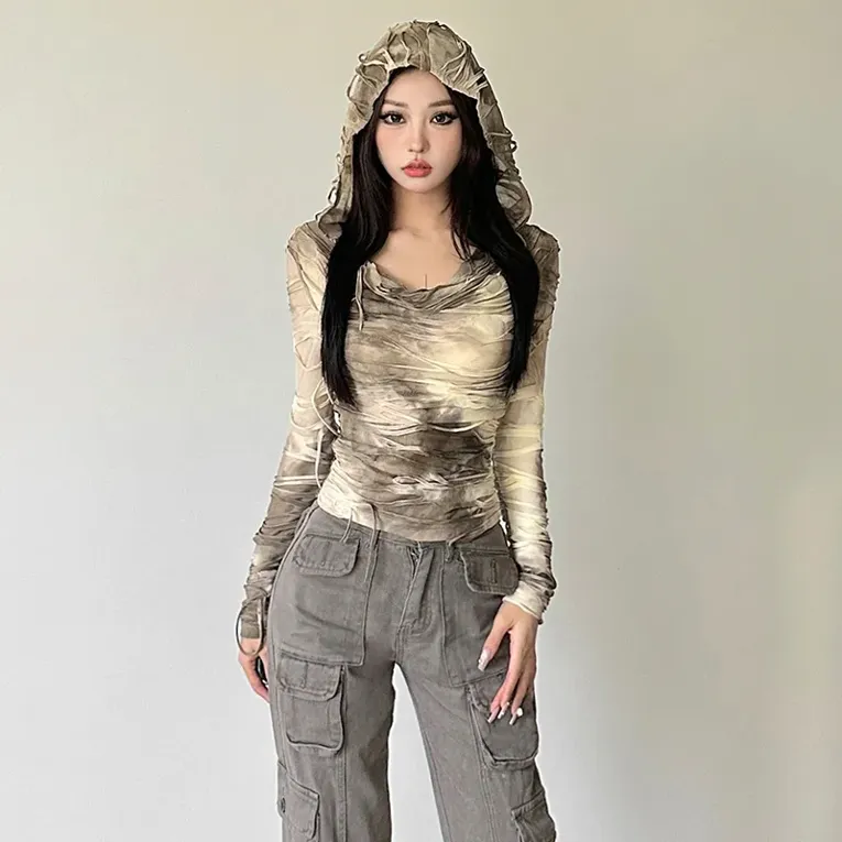 Cream Tie Dye Hooded Stylised Top(Print may vary) - Image 1