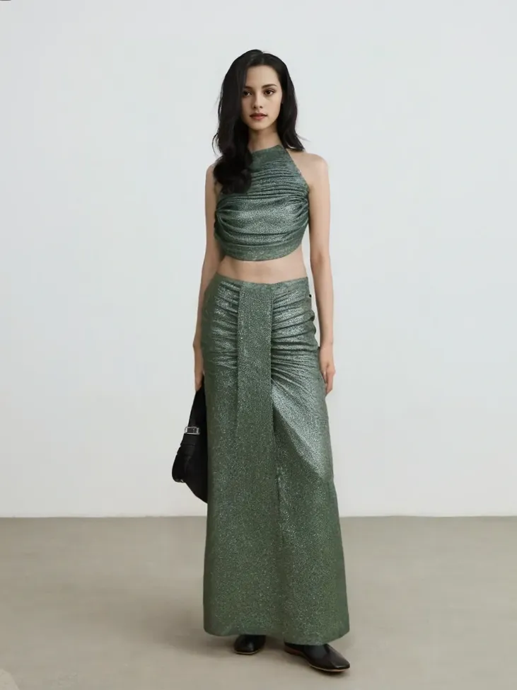Green Shimmer Halter Neck Co Ord Set - Image 1