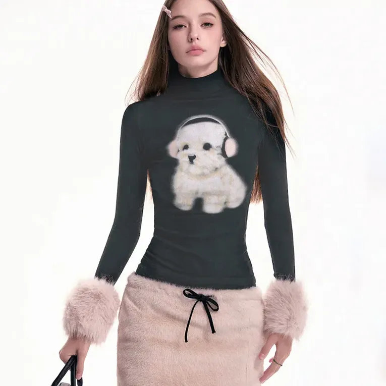 Black Graphic Fur Detail Top - Image 1