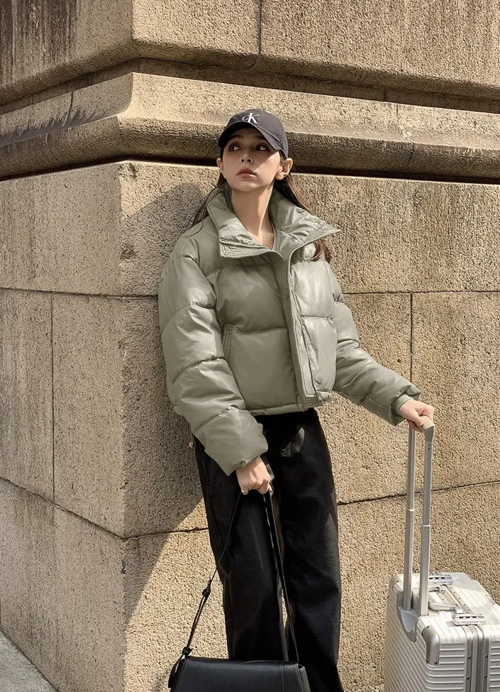 Olive Solid Puffer Jacket - Image 1