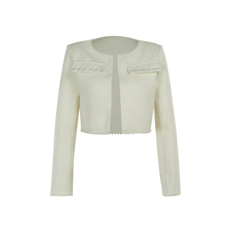 White Pearl Embellished Textured Blazer - NEWME