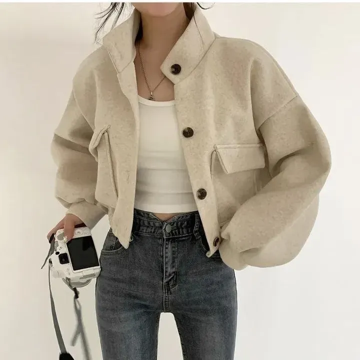 Beige Solid Oversized Jacket - NEWME