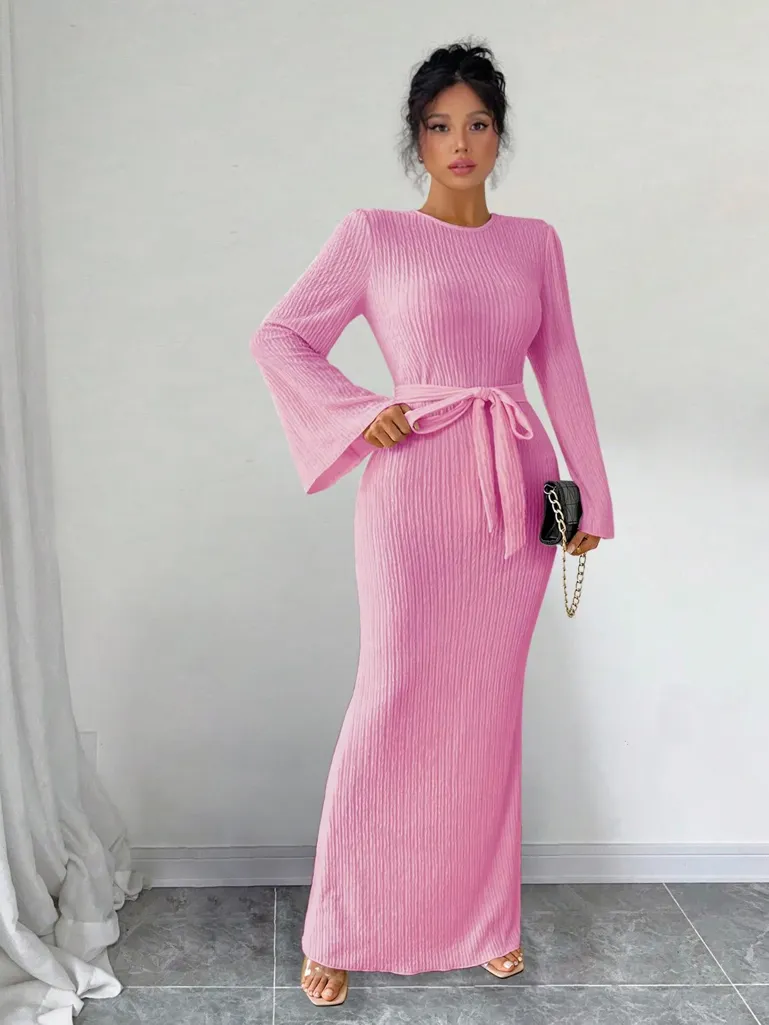 Light Pink Waist Tie Up Detail Maxi Dress - NEWME