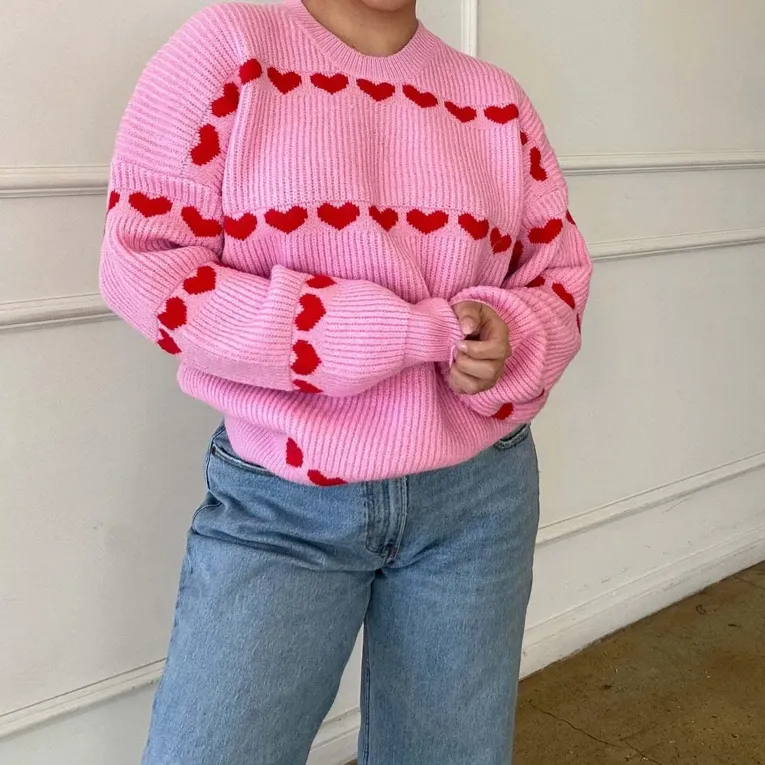 Light Pink Heart Print Crew Neck Sweater - Image 1
