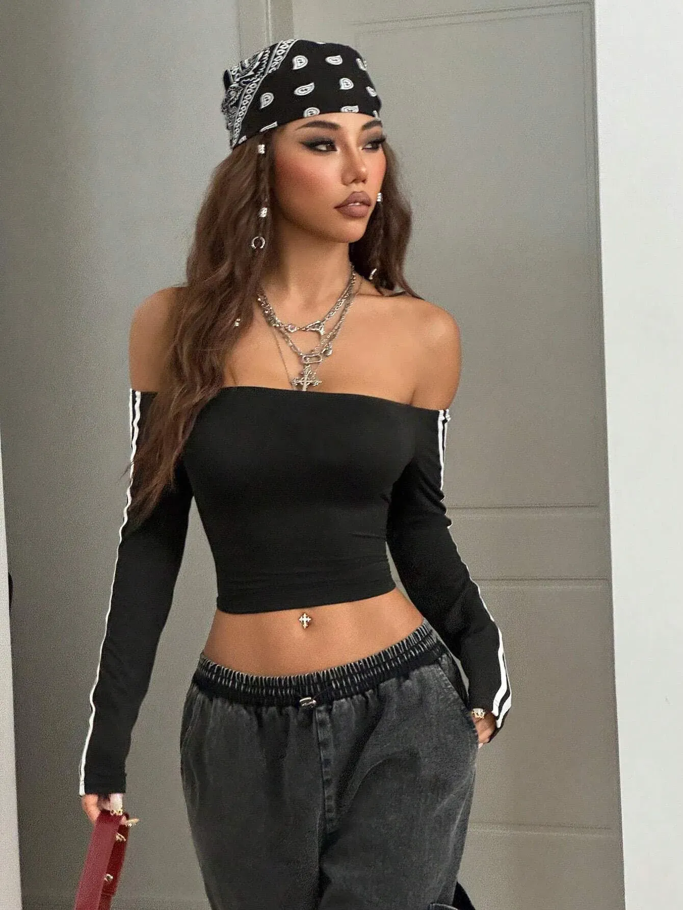 Black Off Shoulder Crop Top