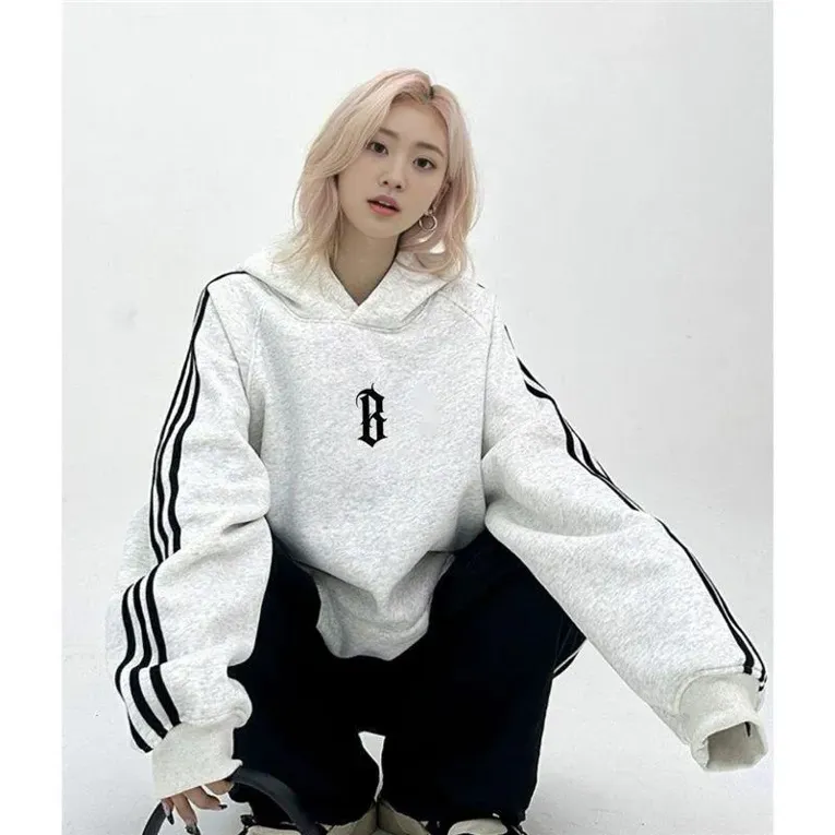 Light Grey Stripes Oversized Hooded Sweatshirt - Image 1
