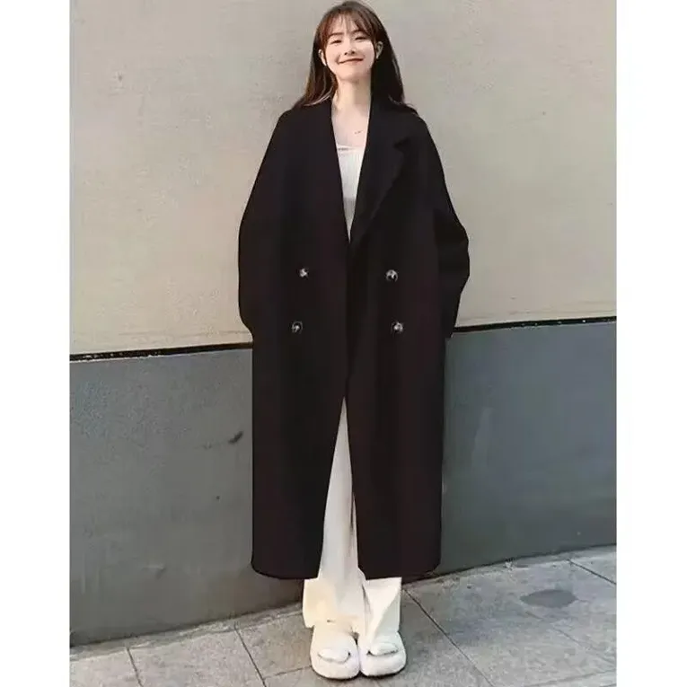 Black Solid Lapel Collar Overcoat - Image 1