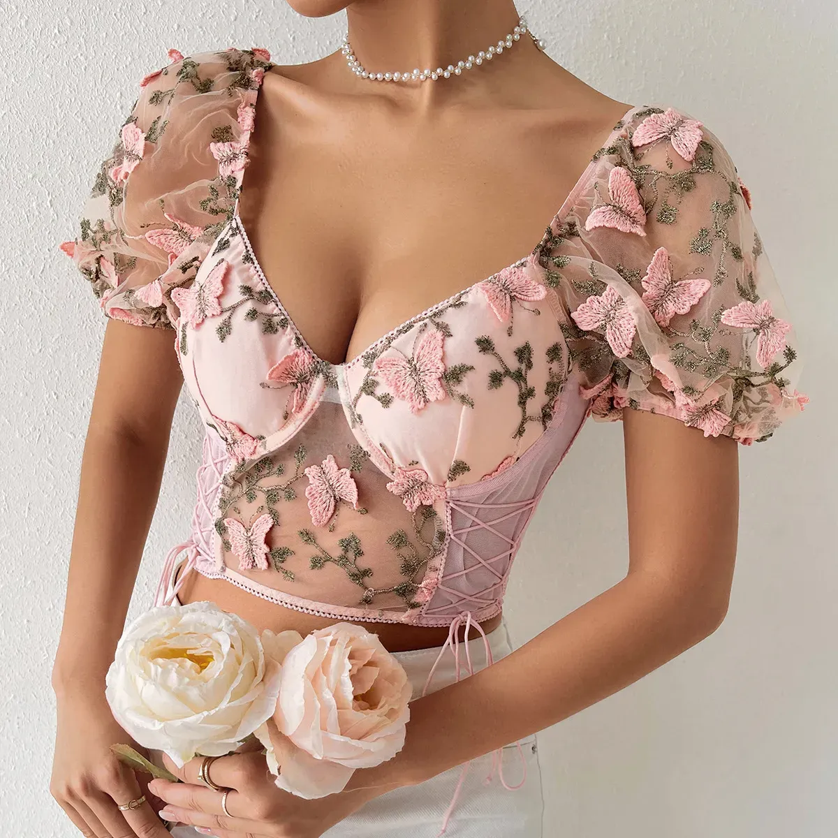 Peach Embroidered Tie Up Detail Corset Top