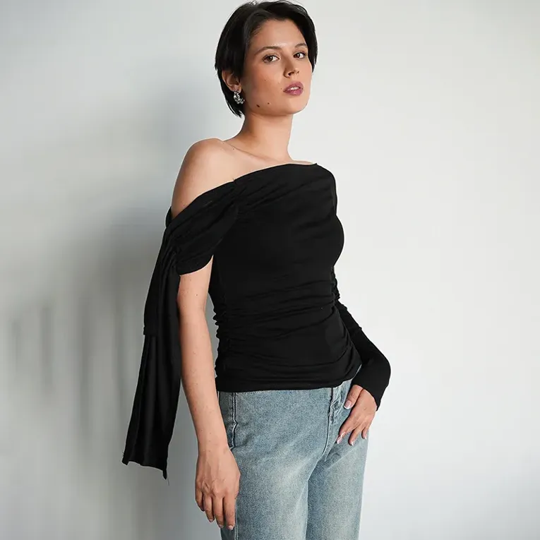 Black Ruching Detail Asymmetric Neck Top - Image 1