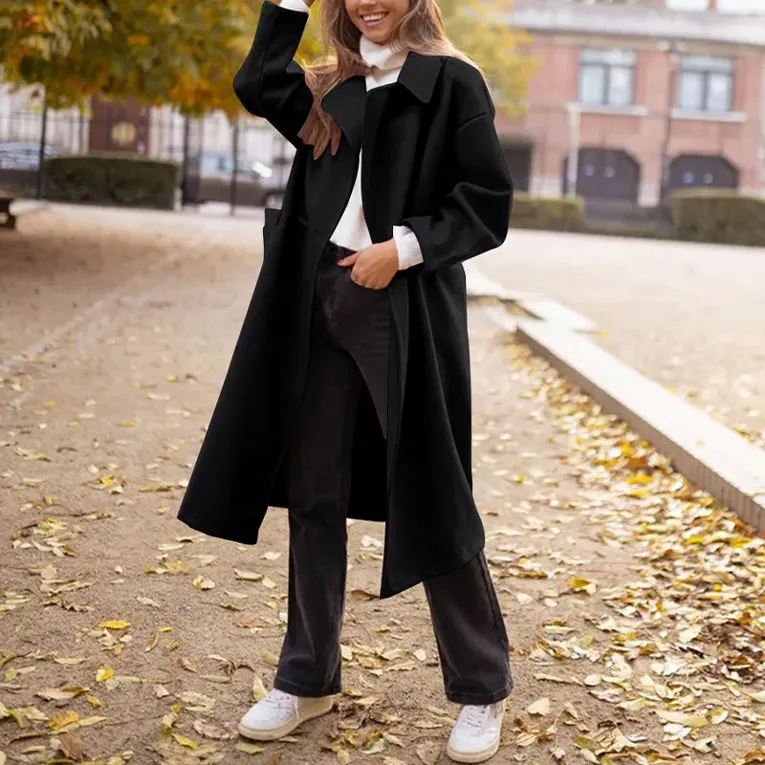 Black Solid Notched Collar Overcoat - Image 1