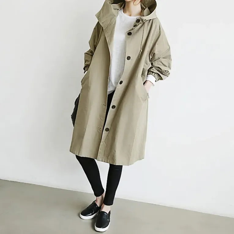 Khaki Solid Relaxed Hooded Coat - Image 1