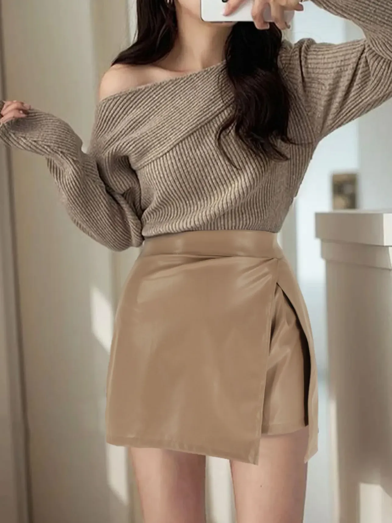 Brown Mini Skirt With Slit - NEWME