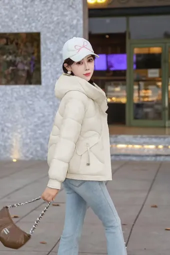 Beige Solid Puffer Hooded Jacket - NEWME