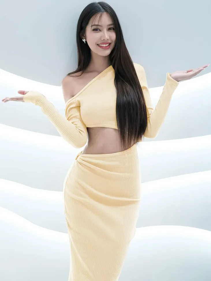 Cream Asymmetric Neck Bodycon Dress - Image 1