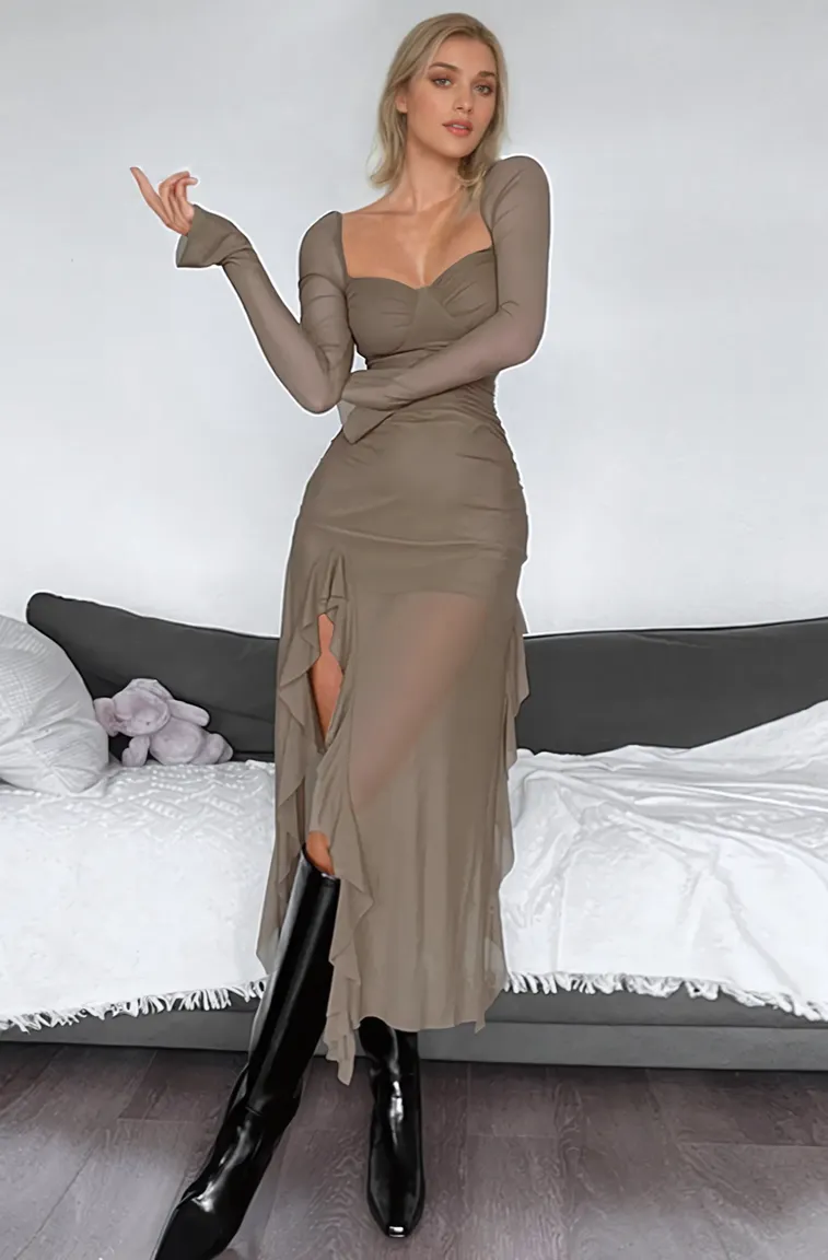 Brown Sweetheart Neck Bodycon Dress - Image 1