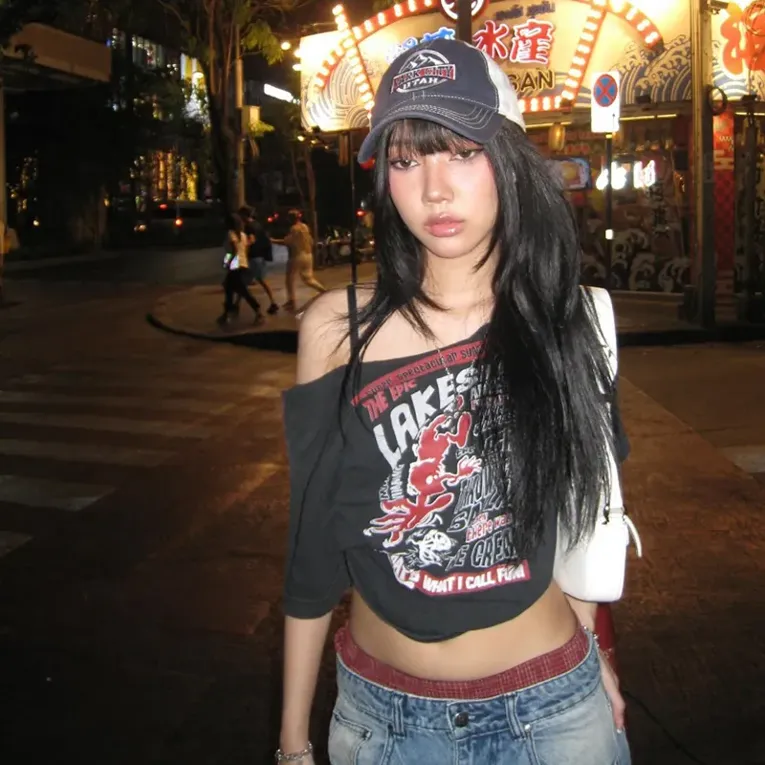 Dark Grey Asymmetric Neck Graphic Top - Image 1