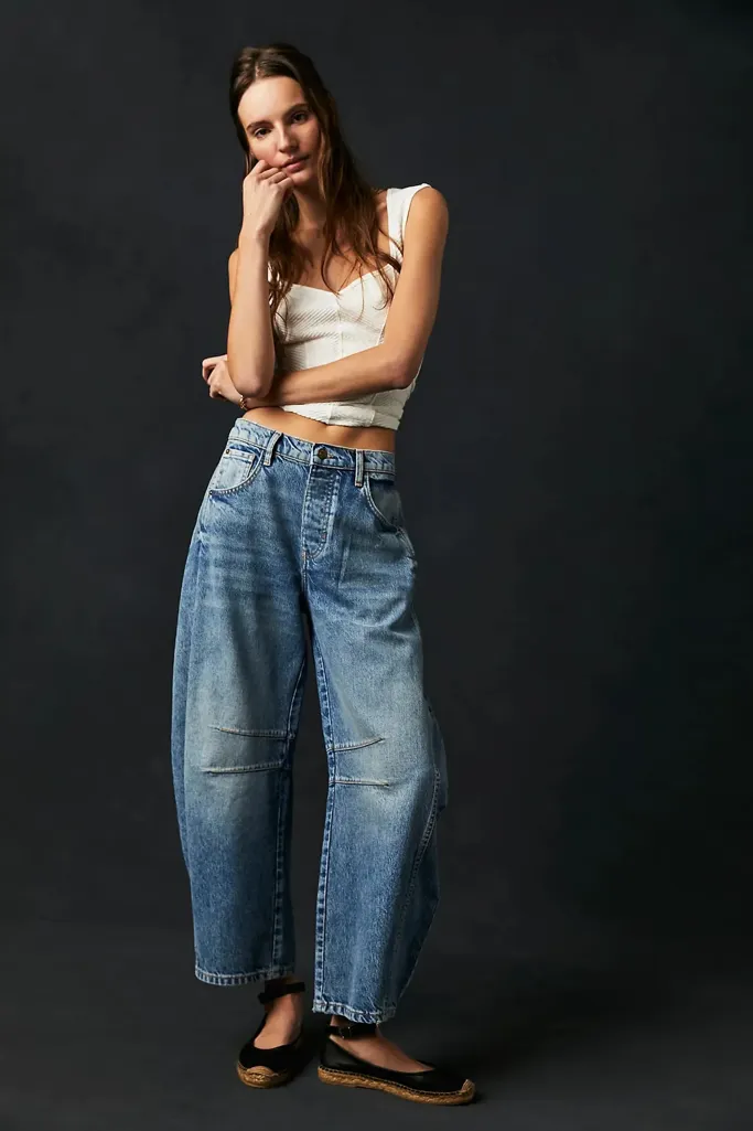 Blue Solid Wide Leg Jeans - Image 1