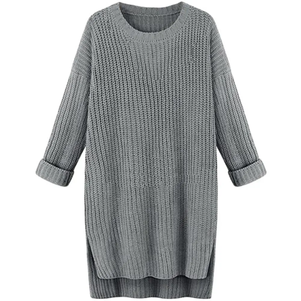 Grey Knitted Crew Neck Sweater Dress