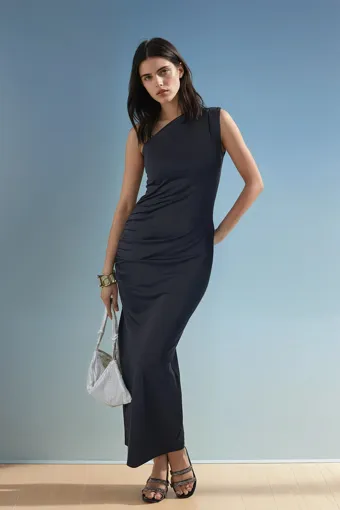 Black One Shoulder Slit Dress - NEWME