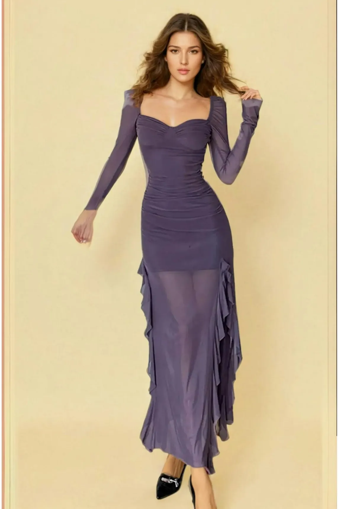 Purple Sweetheart Neck Dress With Ruffle Detail - NEWME