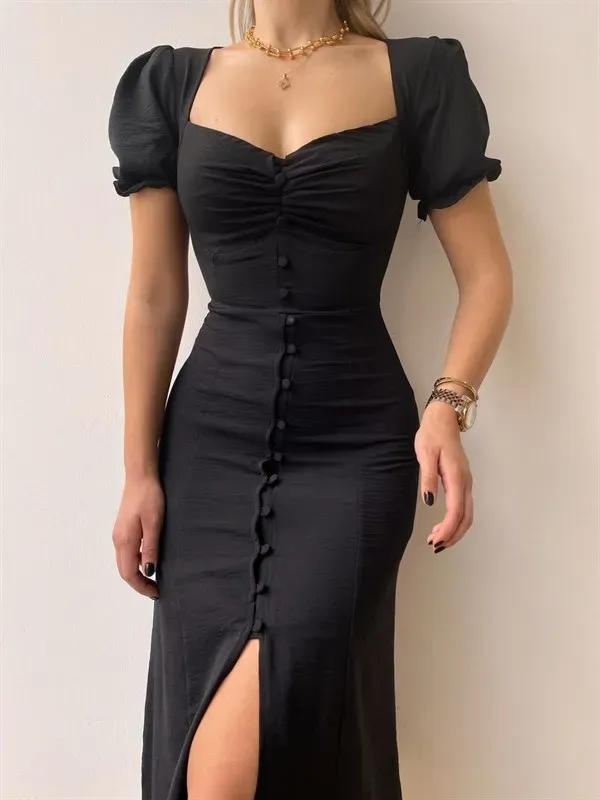 Sweetheart Neck Puff Sleeves Midi Dress - Image 1