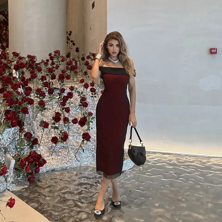 Maroon Solid Midi Dress - Image 1