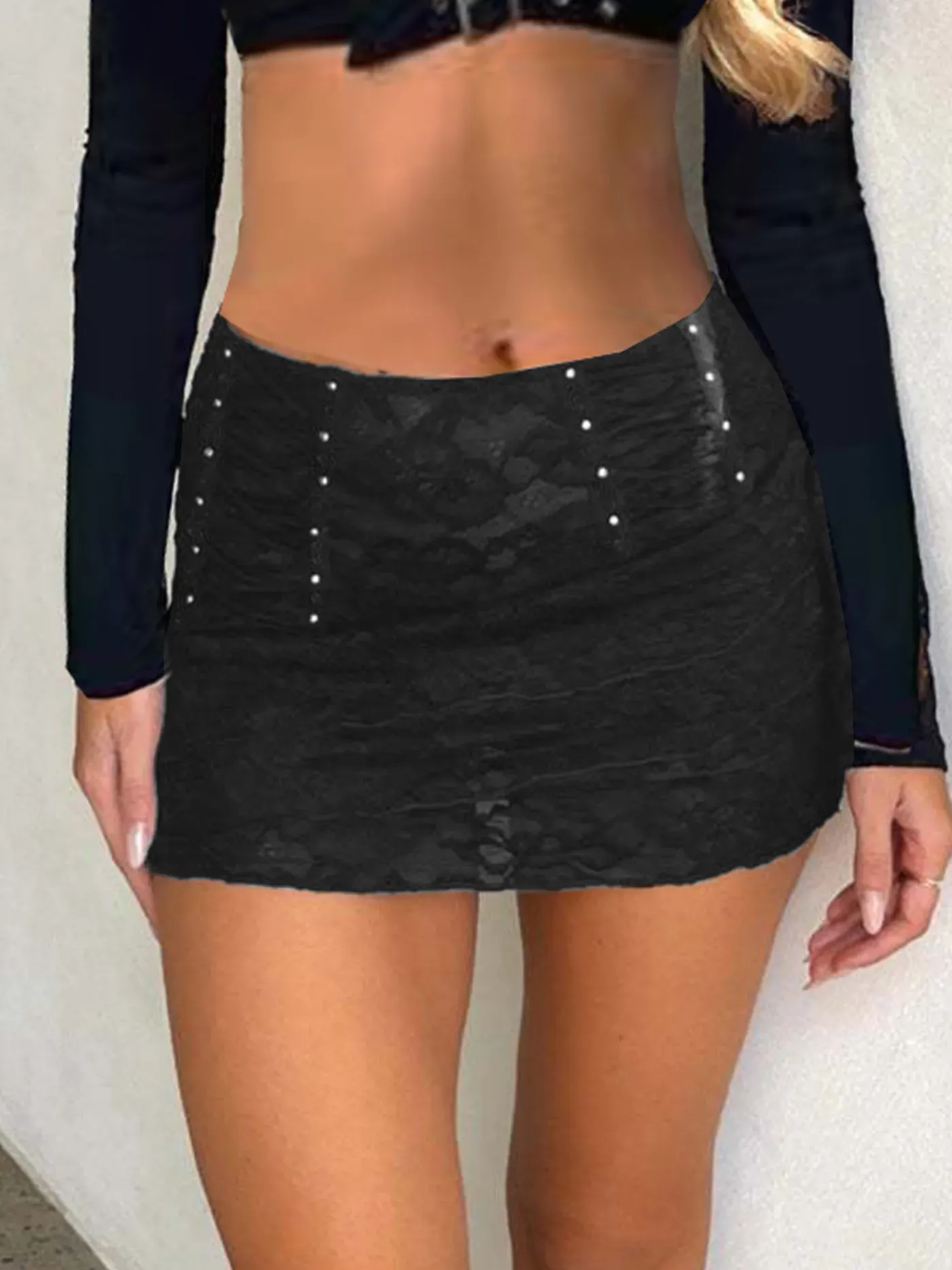 Black Lace Studded Micro Mini Skirt - NEWME