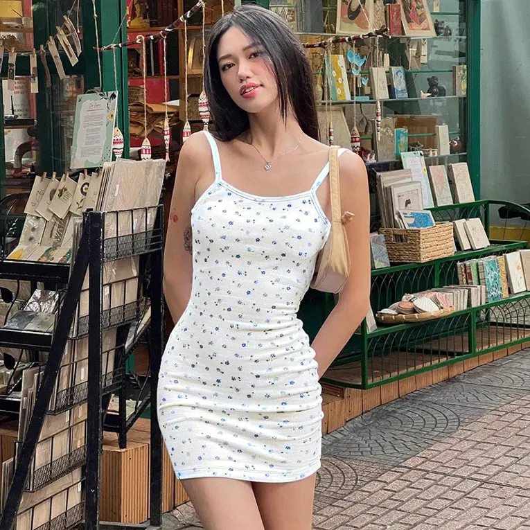 White Floral Spaghetti Strap  Micro Mini Dress - Image 1