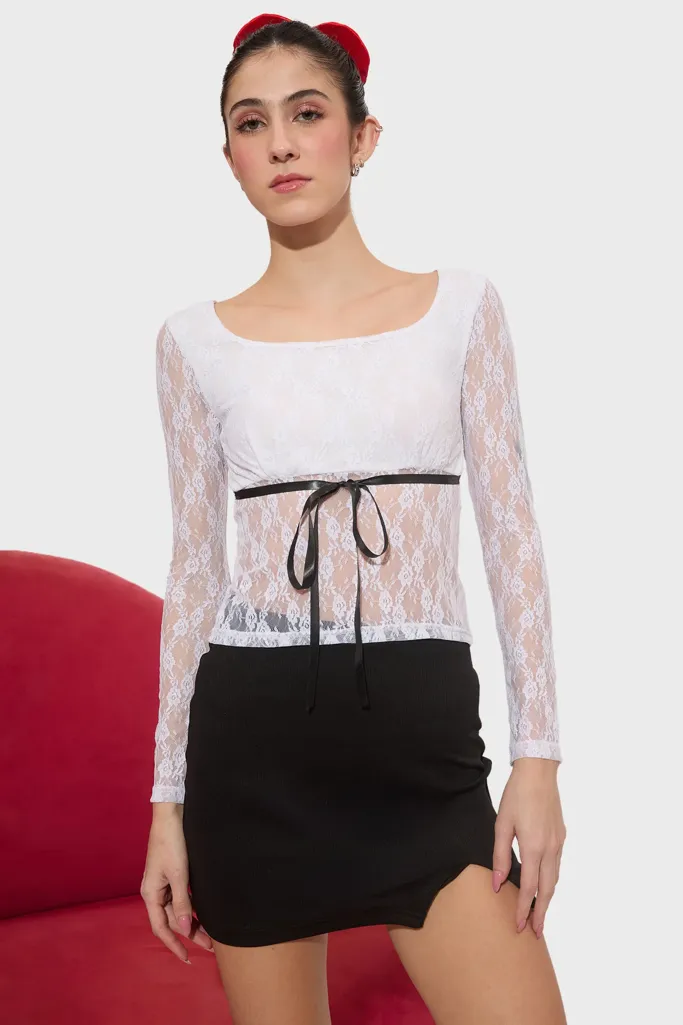 Off White Lace Top With Tie Up Detail - Image 1