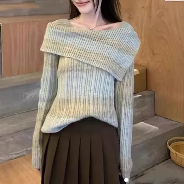 Light Grey Knitted Asymmetric Neck Sweater - Image 1