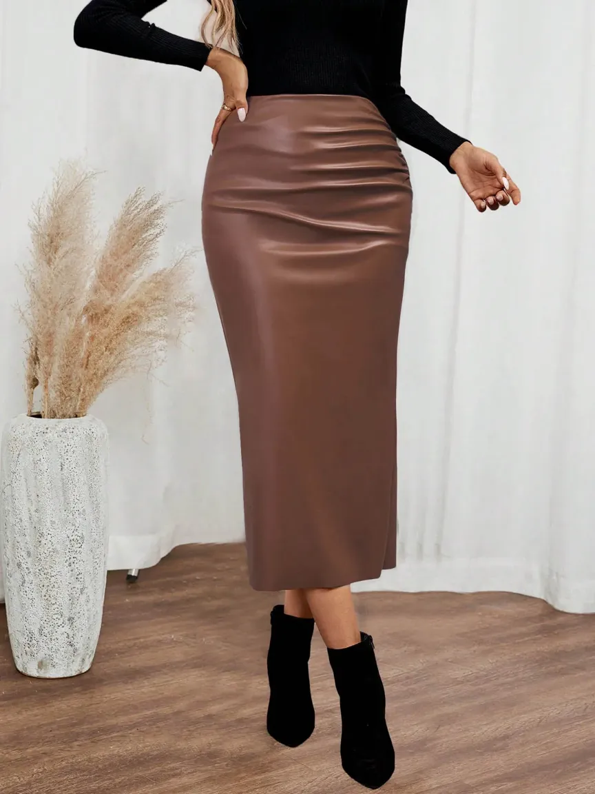 Brown Solid Pencil Pu Midi Skirt - NEWME