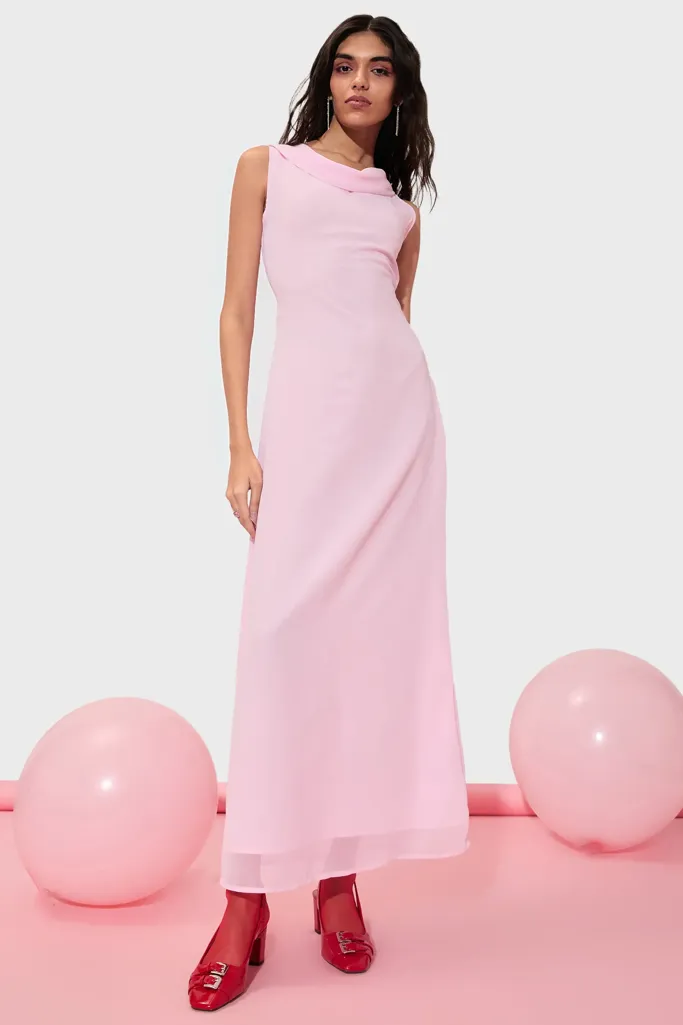 Pink Solid Cowl Neck Maxi Dress - Image 1