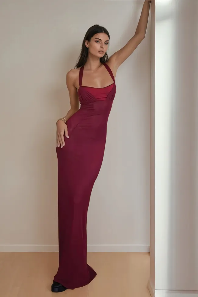 Maroon Solid Halter Neck Dress