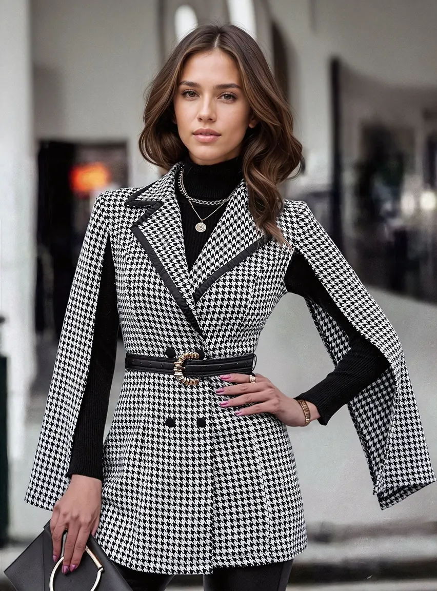 Houndstooth Printed Lapel Collar Blazer Dress - NEWME