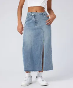 Denim Asymmetric Slit Midi Skirt