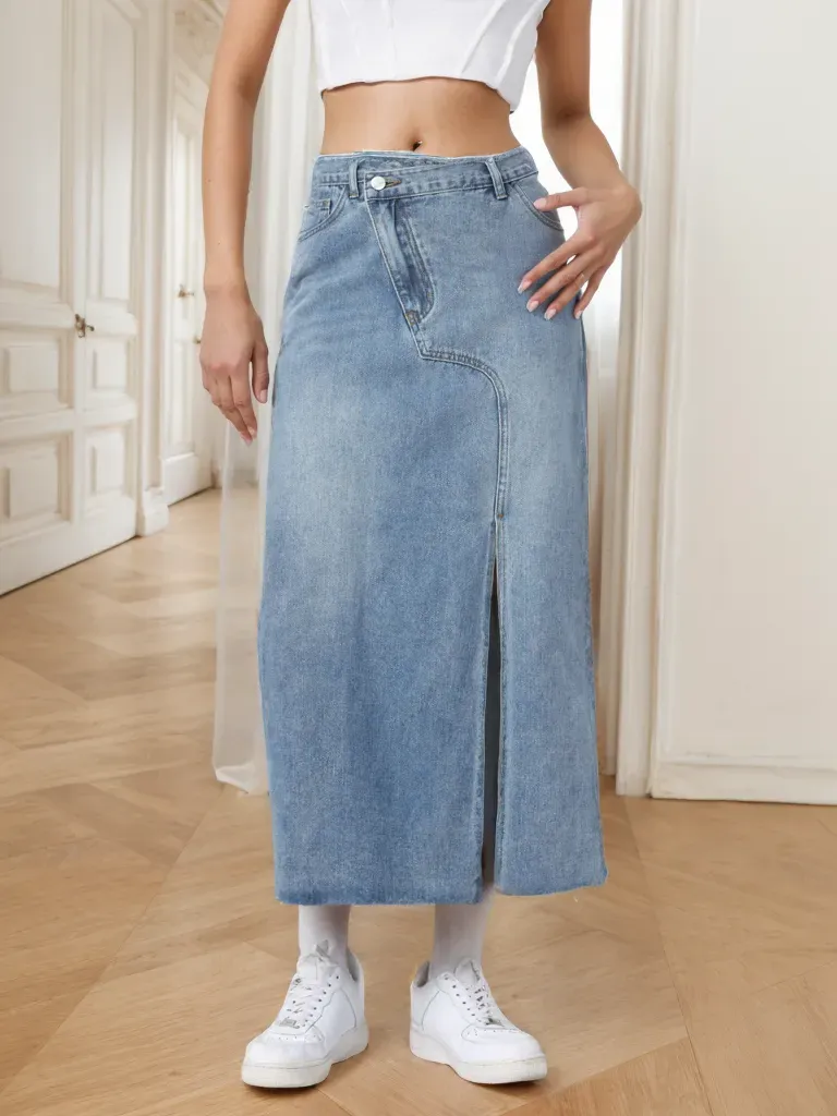 【Anyone more】New Me Denim Pleats Midi Skirt Denim Asymmetric Slit Midi Skirt - NEWME