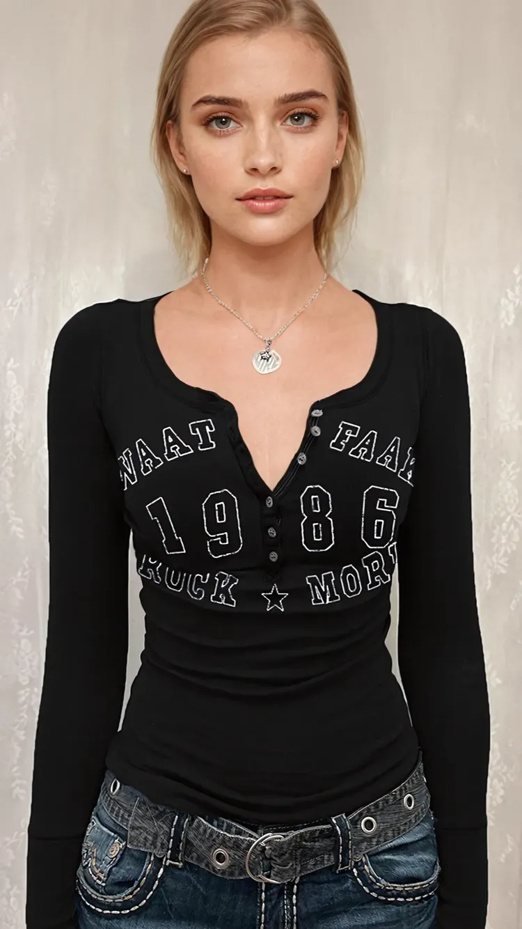 Printed Notch Neck Slim Fit Top - Image 1