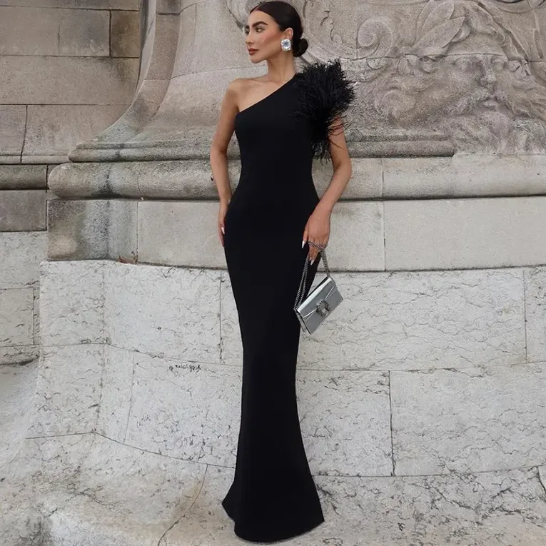 Black Solid Faux Fur Detail Dress - Image 1