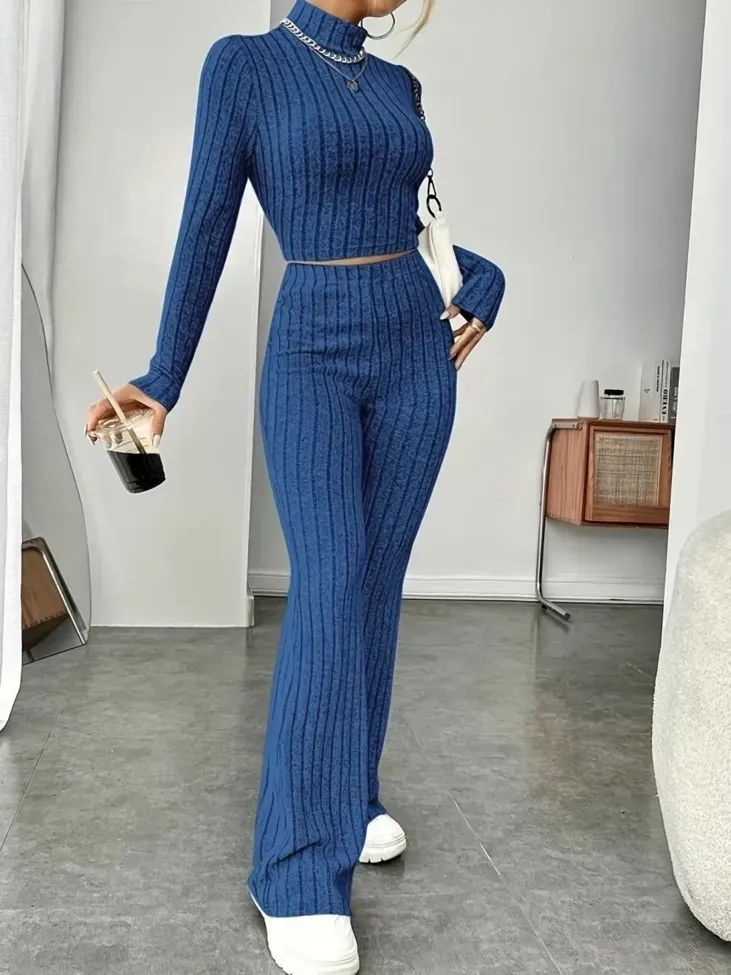 Blue Ribbed High Neck Co Ord Set - Image 1