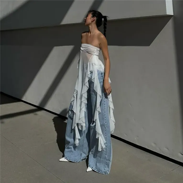 Tube Neckline Mesh Ruffled Top - Image 1