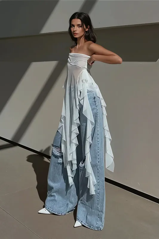 トップス theredthread S dot flow frill tops / bk THEREDTHREAD / ザレッドスレッド】S dot flow frill tops