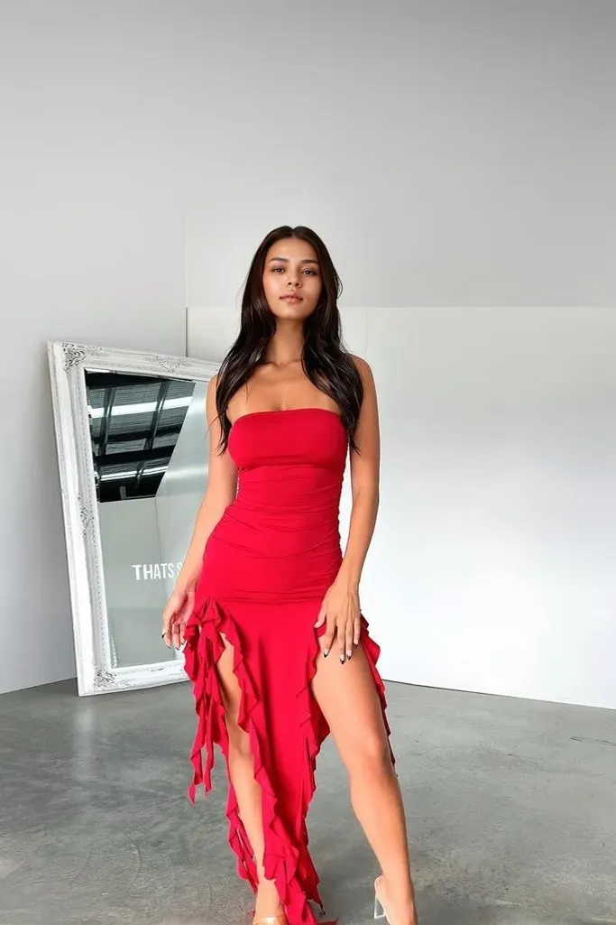 Ruffled Fringe Trim Thigh Slit Dress - Image 1
