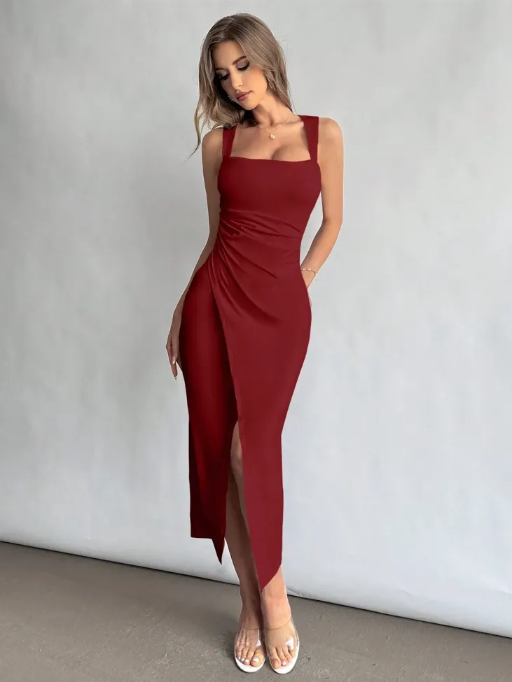 Maroon Draped Square Neck Dress - Image 1